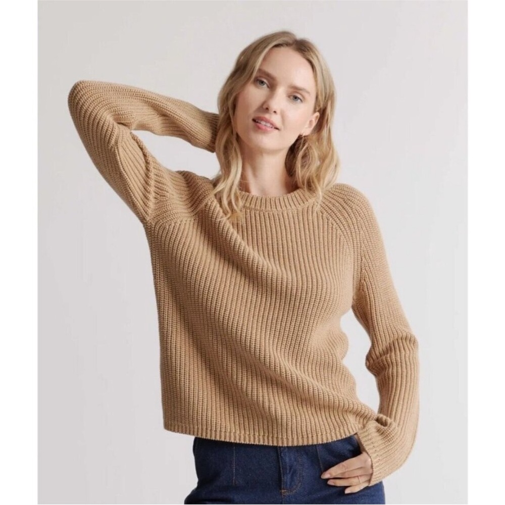 Quince Women's Camel Tan Fisherman Crew Neck Sweater sz S Organic Cotton